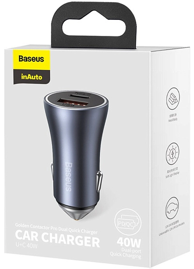 Baseus Golden Contactor Pro Car Charger Type-С + USB 40W (серый) фото 3 Baseus Golden Contactor Pro Car Charger Type-С + USB 40W (серый) фото 3
